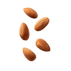Five almonds falling, isolated on a transparent background