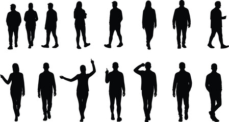 Silhouette icons cad drawing flat vector illustration, fourteen black standing human figures in varied walking, pointing, and gesturing posesSilhouette icons cad drawing flat vector illustration