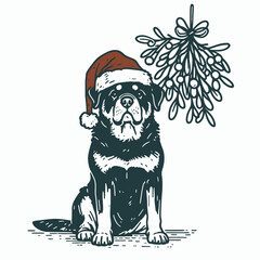 Obraz premium Adult Rottweiler Dog wear santa hat awkwardly stuck under mistletoe. Christmas Holiday Clipart Line Art Vector Illustration Xmas. Grown rott pup has headgear mishap beneath festive plant.