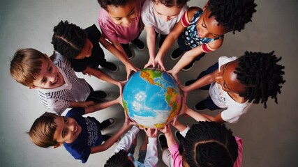 Child group holding globe together with hand positions symbolizing unity diversity while learning world geography through interactive education setup focusing on child learning world unity diversity - Powered by Adobe