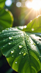 Fresh Green Leaf with Dew Drops and Golden Sunlight Flare