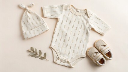 Baby bodysuit clothing and stylish concept. Newborn outfit set with hat, bodysuit, and shoes on a light background.