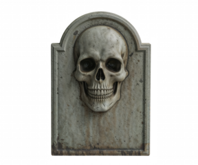 Intricate weathered faux tombstone featuring a skull, creating a macabre yet artistic visual with a touch of realism