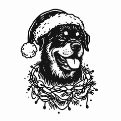 Fototapeta premium Adult Rottweiler Dog wear santa hat wrapped in tinsel. Christmas Holiday Clipart Line Art Vector Illustration Xmas. .
