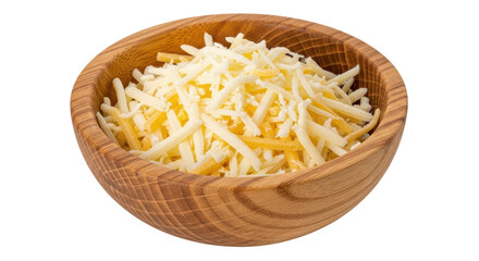 Isolated Shredded Cheese in Wooden Bowl