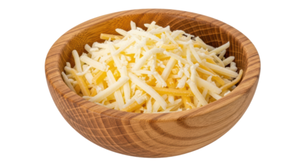 Isolated Shredded Cheese in Wooden Bowl