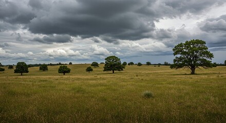 Open Grassland with Scattered Trees Under Dark Cloudy Sky
