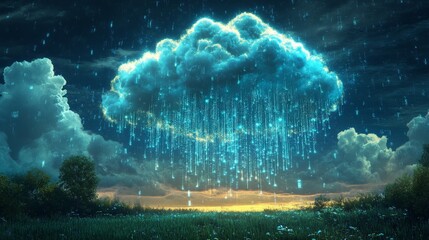 Cloud computing data raining down on green meadow at sunset