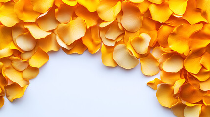 A vibrant arrangement of golden and yellow rose petals cascading down, creating a soft, floral border against a clean white background.