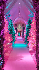 Futuristic cyberpunk scene in a garden surrounded by trees and scattered leaves, glowing with neon lights and vibrant electronic colors — a creative blend of nature and high-tech aesthetics.
