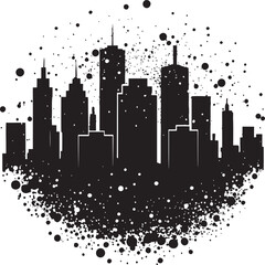 Abstract City Skyline with Paint Splatter - Black and White Vector