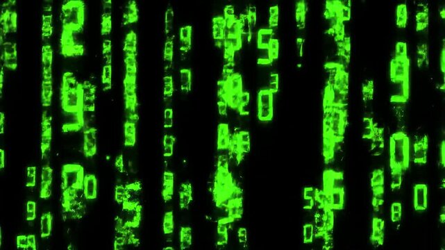 Green digital code rain background, abstract looping matrix-style animation