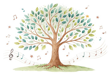 A whimsical watercolor tree with musical notes and stars creates a serene and artistic atmosphere against a black background.