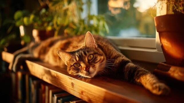A close-up of a chubby tabby cat stretching lazily on a wooden windowsill at sunset