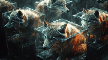 Wolves trapped in glass boxes symbolizing extinction and climate change