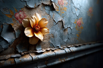 macro of cracked vintage wallpaper with exposed floral ornament 1