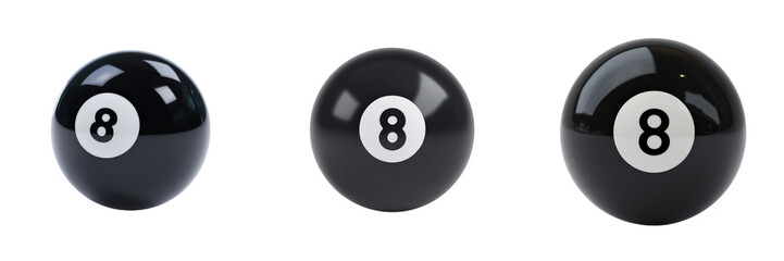 Three black eight balls displayed on a black backdrop with varying surface reflections.
