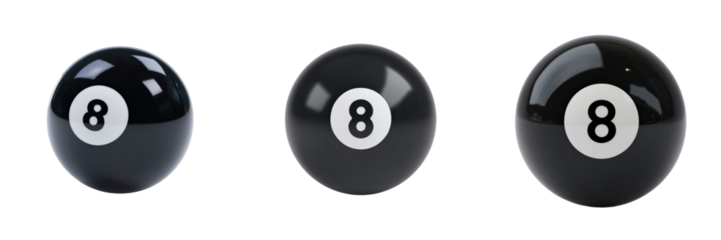 Three black eight balls displayed on a black backdrop with varying surface reflections.