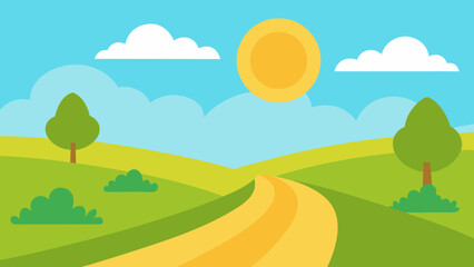 Obraz premium Sunny Cartoon Countryside Long Path Vector Illustration