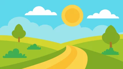 Fototapeten Türkis Sunny Cartoon Countryside Long Path Vector Illustration  © Nayon Chandro Barmon