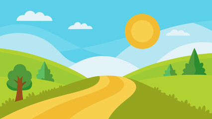 Obraz premium Sunny Cartoon Countryside Long Path Vector Illustration