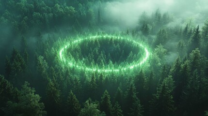 Mysterious glowing green ring hovering over foggy conifer forest at night