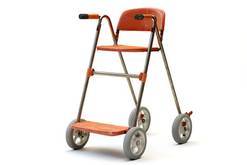 Orange walker with seat and wheels for elderly or disabled individuals