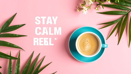 Coffee cup, tropical leaves, inspirational message. Pink background