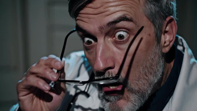 Doctor man inside hospital leans close with shocked surprised expression, stethoscope suggests medical examination in clinic room, surprised doctor intensely focused on unusual health situation.