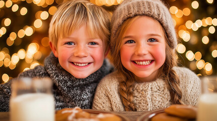 Happy children at a family dinner in honor of Thanksgiving or Christmas. Children and cookies with chocolate chips and milk.