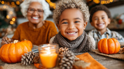 A happy elderly couple at a family Thanksgiving dinner.
