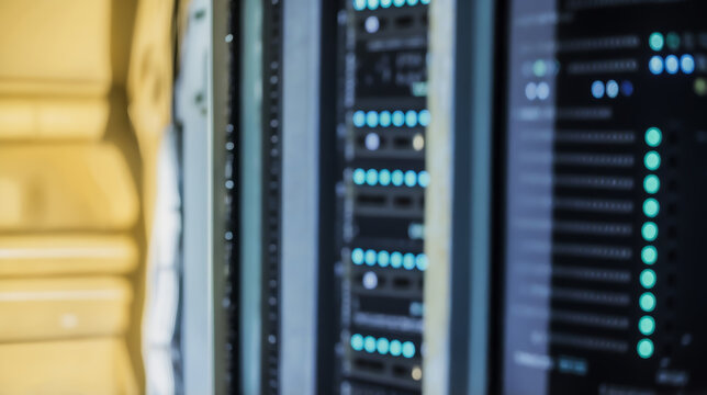 Blurred image of a server room with equipment for data storage and processing - Powered by Adobe