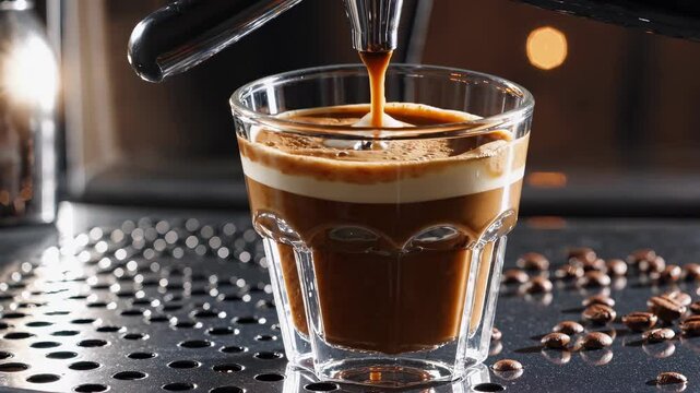 espresso streams from machine spout into glass cup. barista creates shot with thick crema. bean rest nearby. strong brew highlights roasted coffee bean taste in every crema-topped sip.