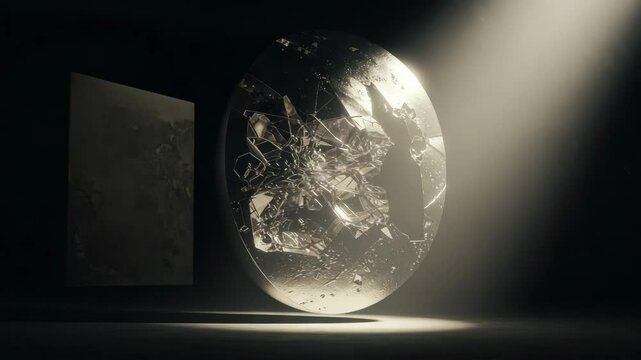 Shattered round glass object under spotlight