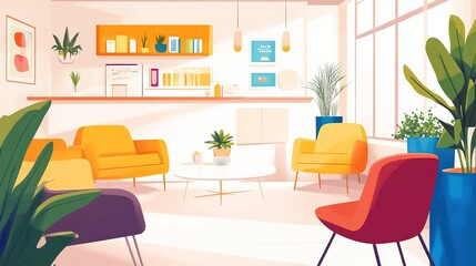 Cozy dental office waiting room with colorful furniture and natural light inviting relaxation and comfort