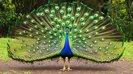 Obraz premium A peacock spreading its feathers in beautiful radiant display.