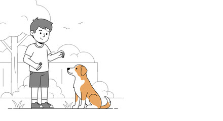 Fototapeta premium Boy training dog with treat outdoors in simple illustration