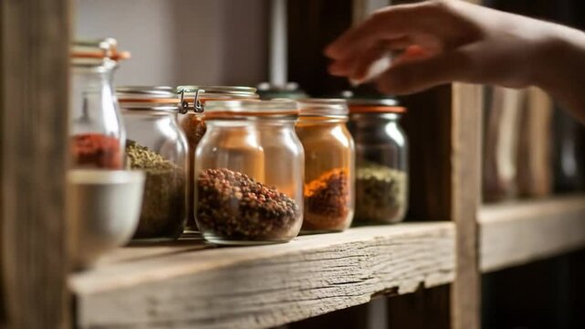 Rustic Kitchen Shelf with Colorful Spices in Jars