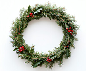 A festive Christmas wreath made of evergreen fir branches with red holly berries on a white background.