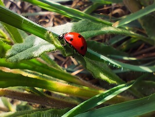Close up beautiful sunlight image summer sunny photo of a red lady bug outside on a grass leaf insects in nature hd ultra high 8k resolution quality 