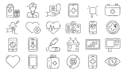 Fototapeta premium Medical Icons Set Depicting Healthcare, Medicine, and Technology in Doodle Style with a Hand Drawn Appearance