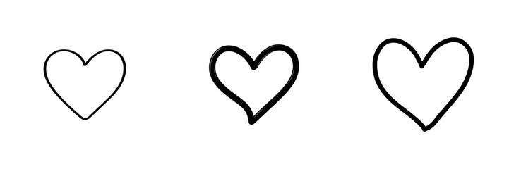 Three hearts in various hand-drawn styles isolated on transparent background