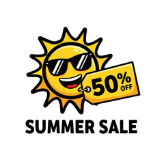 Bright Summer Sale Logo Featuring a Sun Wearing Sunglasses and a Discount Tag