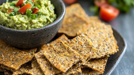 Flaxseed crackers served with fresh guacamole on a dark table with tomatoes and herbs