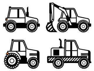 Naklejka premium Collection of four stylized black and white construction and farm vehicle icons
