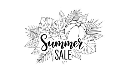 Hand Drawn Summer Sale Logo With Tropical Leaves and Beach Ball, Line Art Style