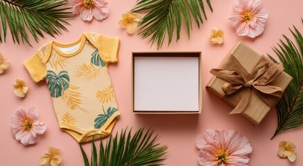 Baby gift, clothes, and open present amid flowers and palm leaves, for ad mockup