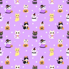 Cute ghost cat Halloween seamless pattern 
