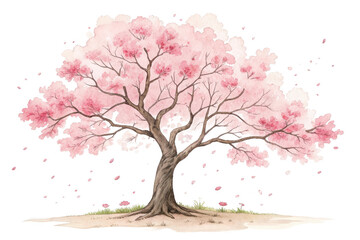 Fototapeta premium Graceful cherry blossom tree in full bloom with watercolor texture shows delicate pink flowers and falling petals on transparent background.