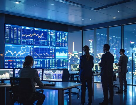 Business team observing financial data in a modern control room at night